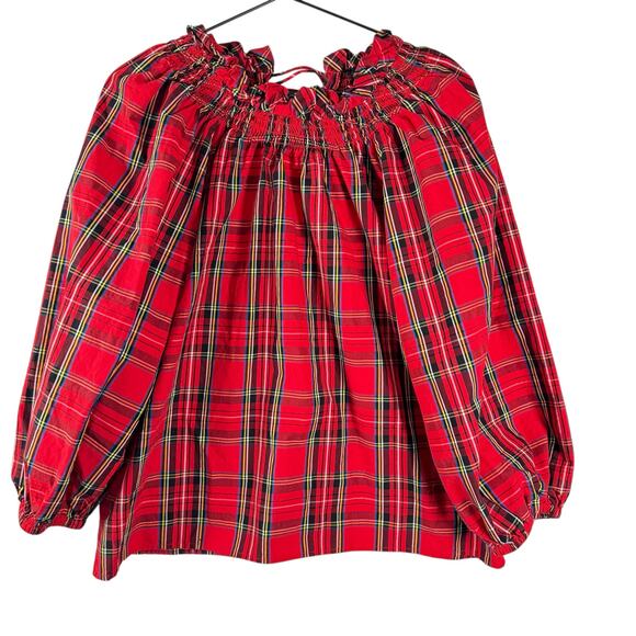 J. Crew Red Smocked Neck Top Good Tidings Plaid Ruffled Relaxed Womens Size M - Picture 3 of 9